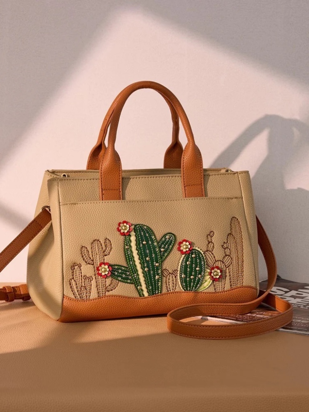 Montana West Cactus Embellished Crossbody Bag Tan